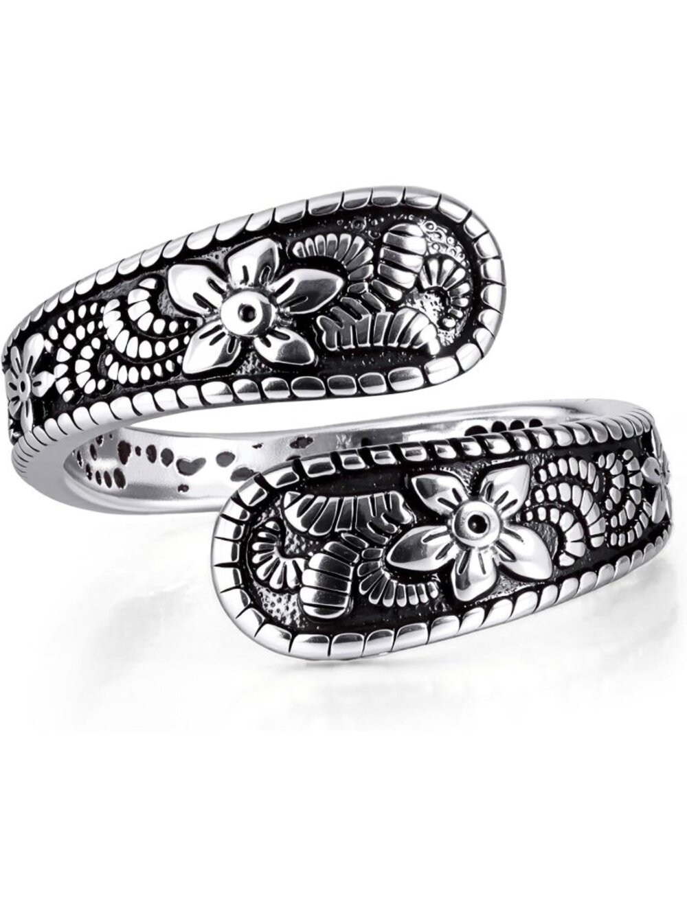Women's Silver & Black Spoon Carving Design Stainless Steel Adjustable Ring